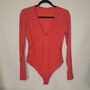 Free People Intimately Bodysuit Large Long Sleeve Thong back NWT Red